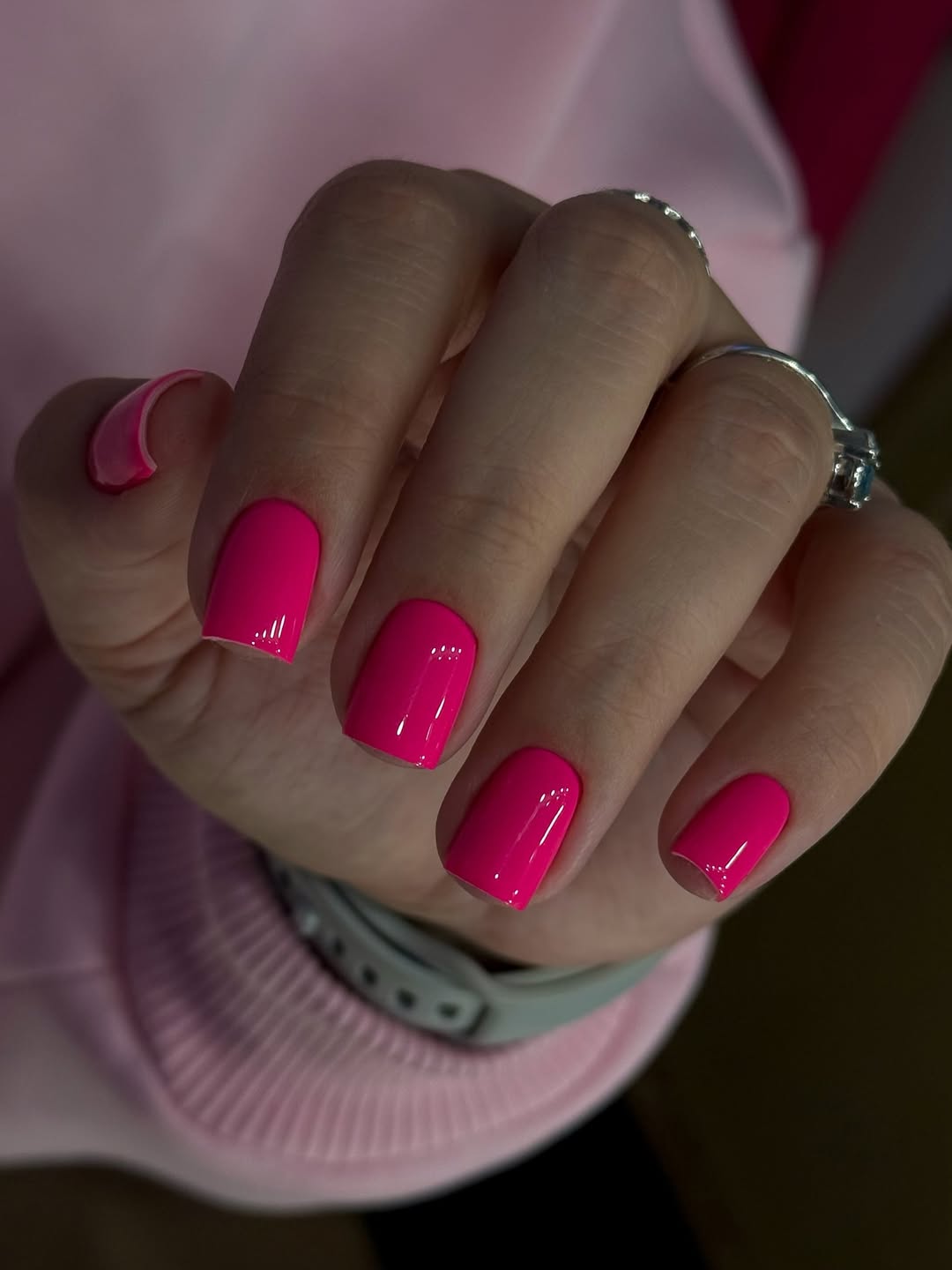 Vibrant Neon Pink Glossy Short Square Nails