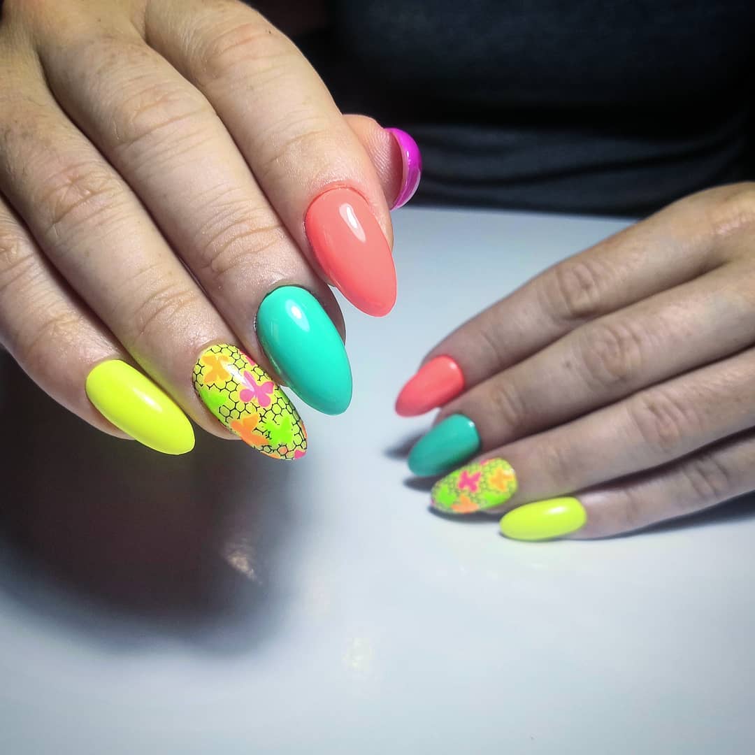 Vibrant Neon Summer Almond Nails with Butterfly Art