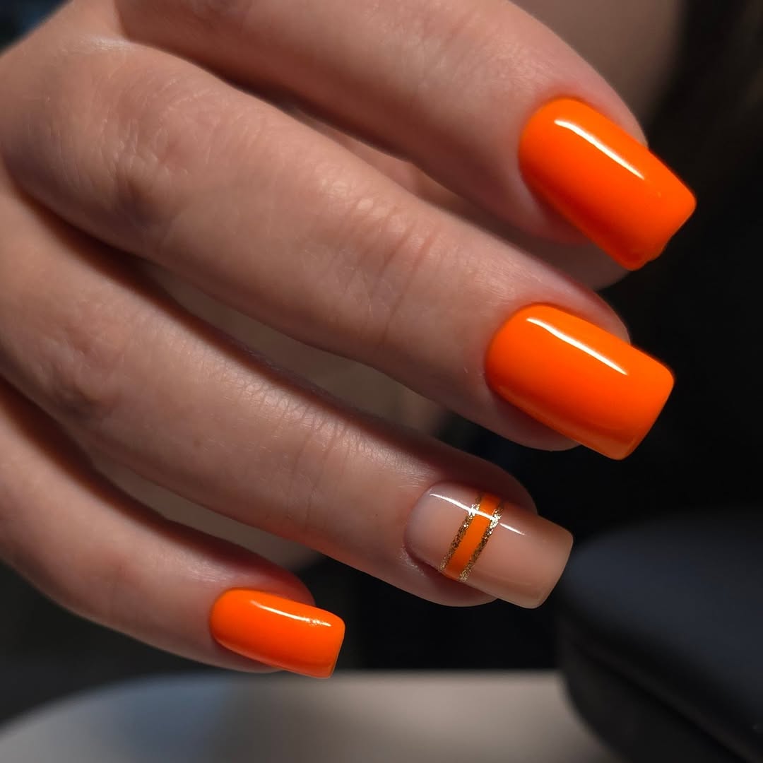 Vibrant Orange and Gold Stripe Modern Square Nails