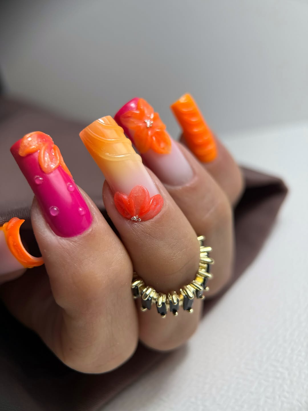 Vibrant Orange And Pink Ombre 3D Floral Coffin Nails