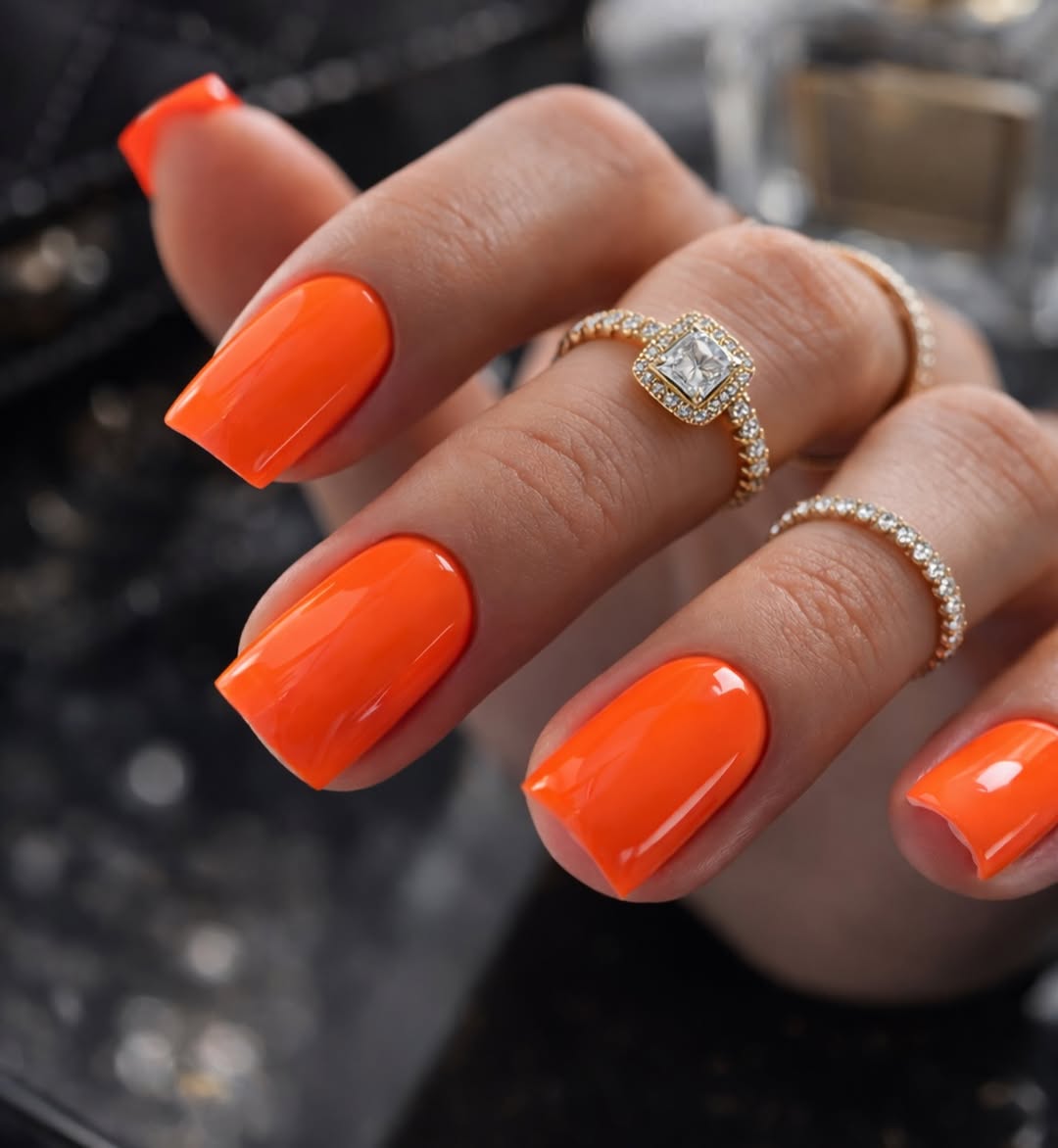 Vibrant Orange Glossy Summer Squoval Nails