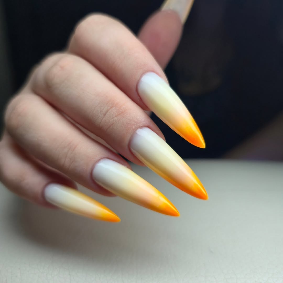 Vibrant Orange Yellow Ombre Stiletto Nails