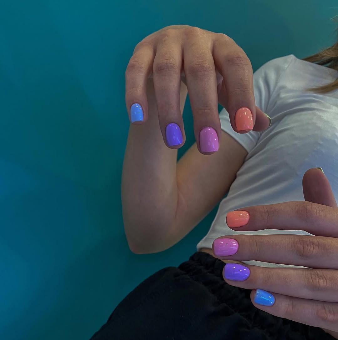 Vibrant Pastel Mismatched Glossy Short Squoval Nails