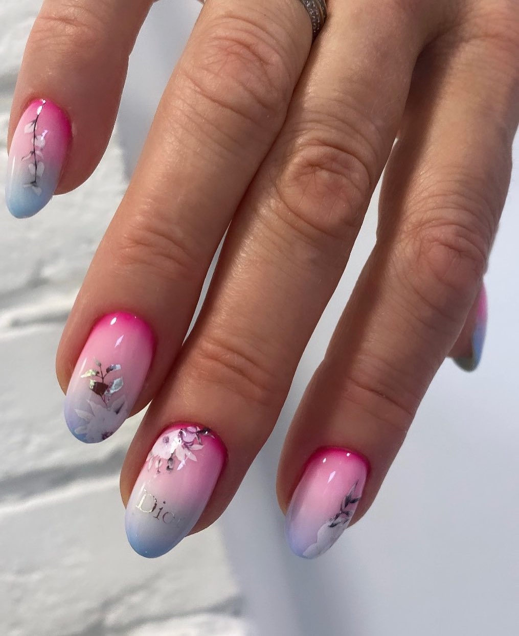 Vibrant Pink Blue Ombre Floral Chrome Accent Nails