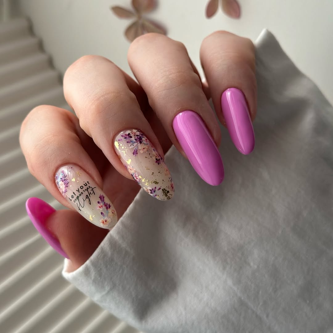 Vibrant Pink Dreamy Floral Long Coffin Nails