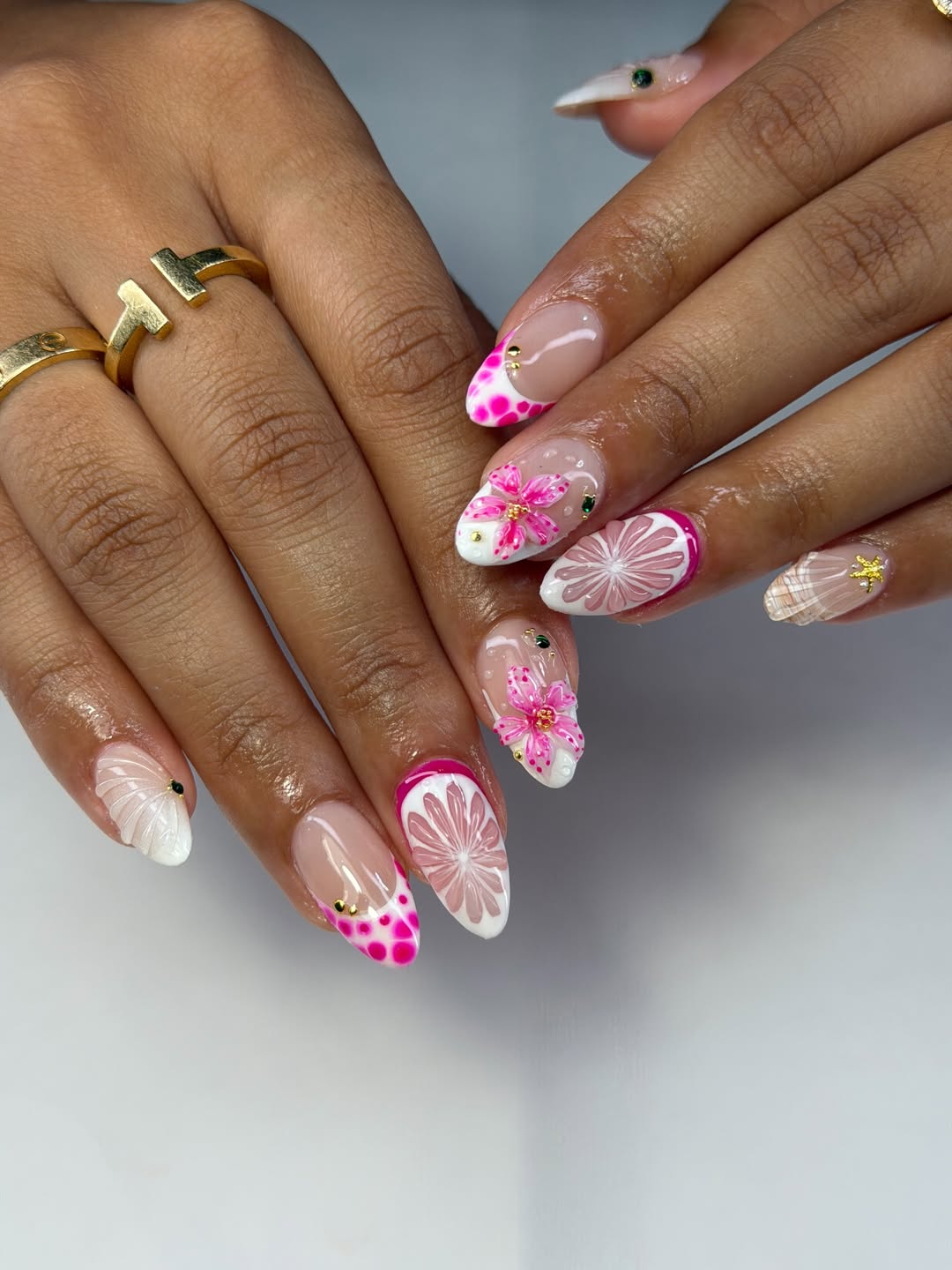 Vibrant Pink Floral French Tip Almond Nails