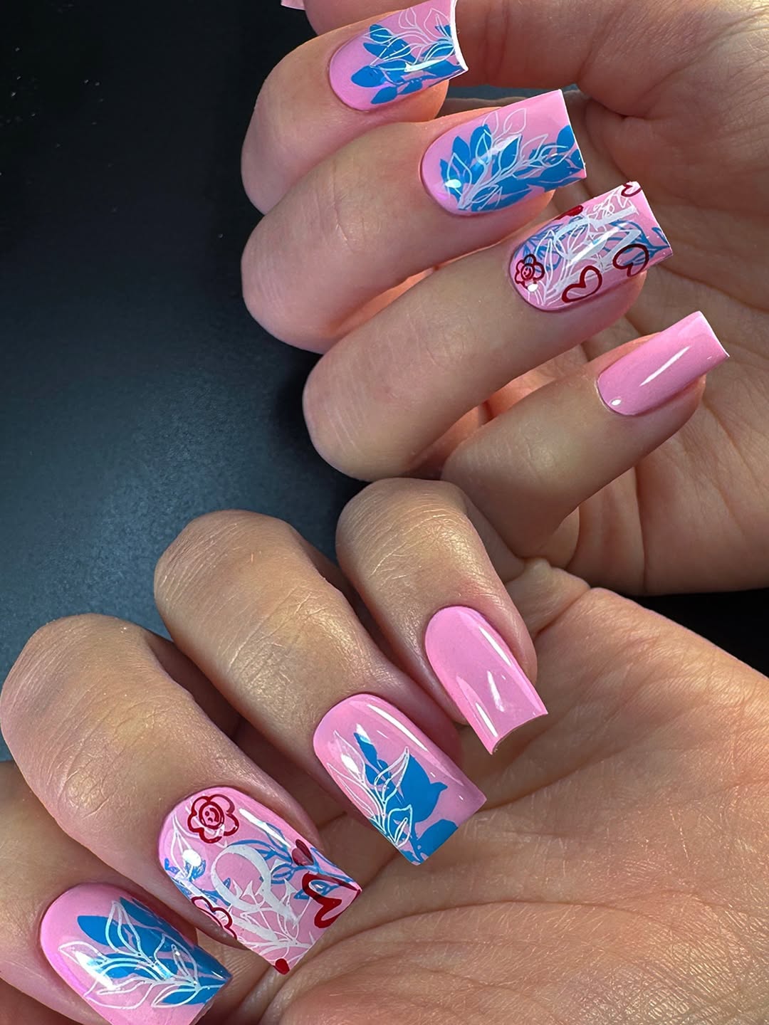 Vibrant Pink Floral Statement Square Nails