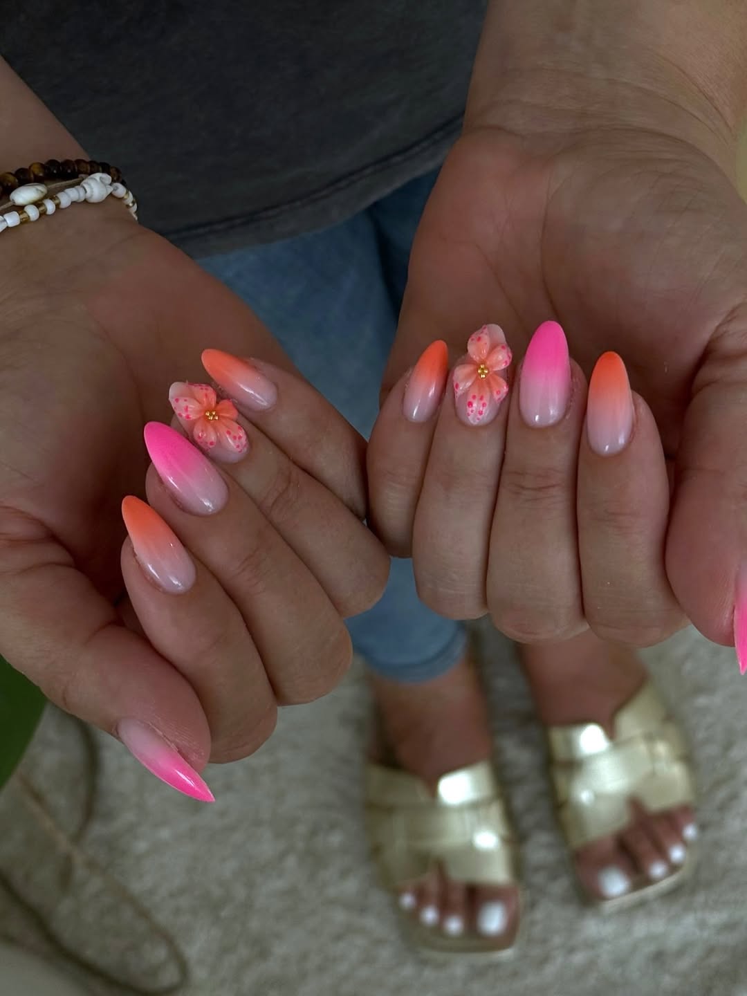 Vibrant Pink Orange Ombré Almond Nails with 3D Flowers