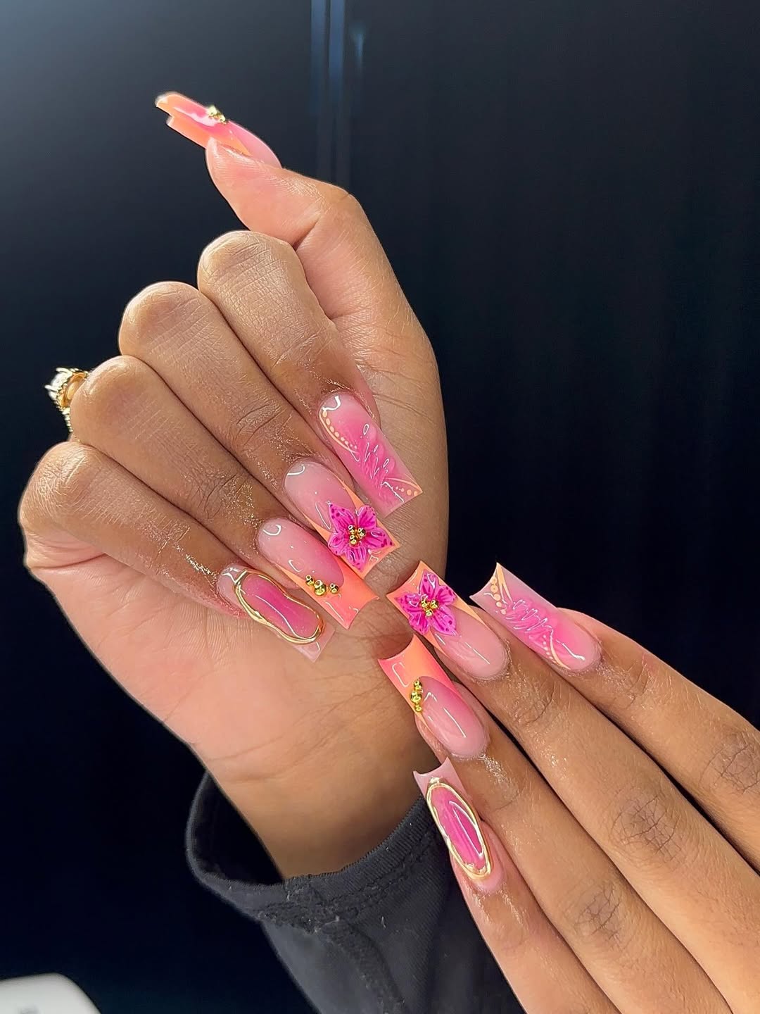 Vibrant Pink Orange Ombre Chrome 3D Floral Nails