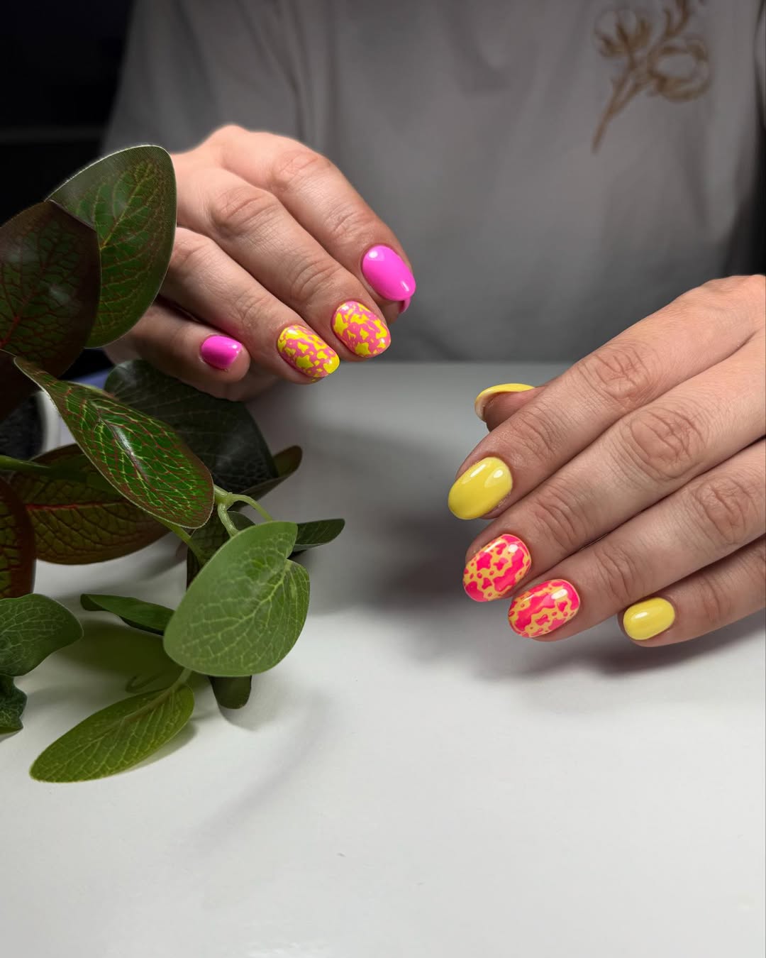 Vibrant Pink Yellow Abstract Squoval Nails