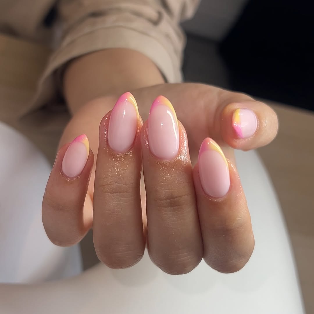 Vibrant Pink Yellow Ombre French Tips Almond Nails