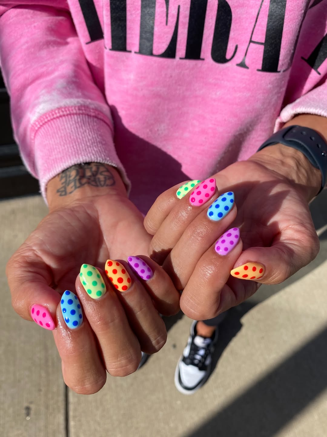 Vibrant Polka Dot Ombre Almond Manicure