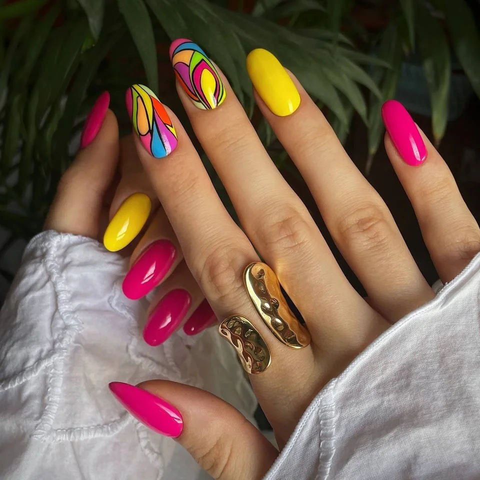Vibrant Pop Art Almond Vacation Nails