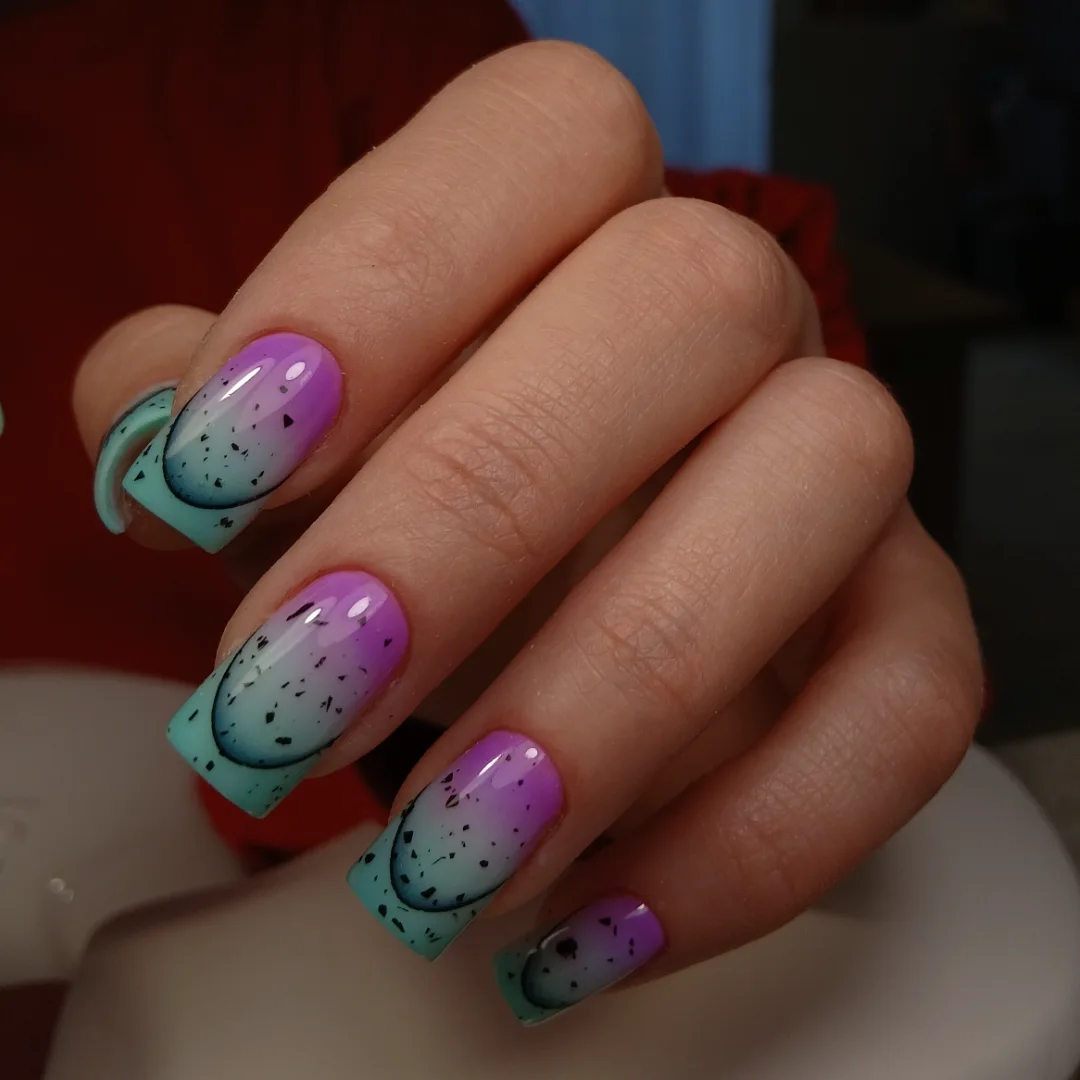 Vibrant Purple Ombre Aqua Black Speckle Square Nails