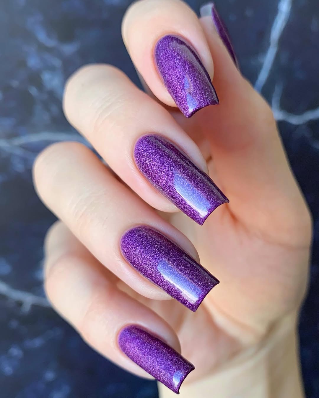 Vibrant Purple Shimmer Long Square Nails