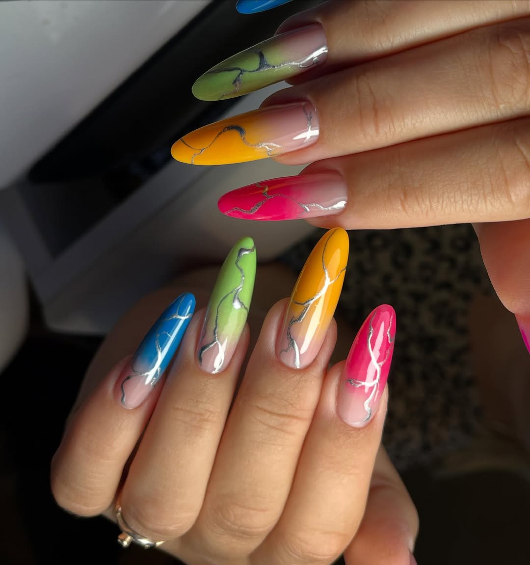 Vibrant Rainbow Ombre Stiletto Metallic Lightning Nails