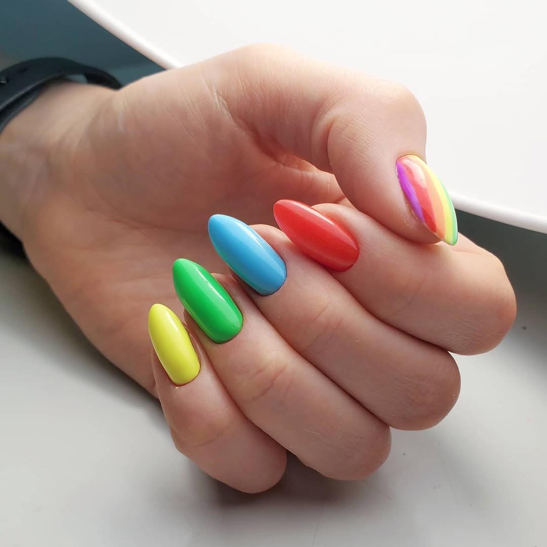 Vibrant Rainbow Skittle Glossy Almond Nails