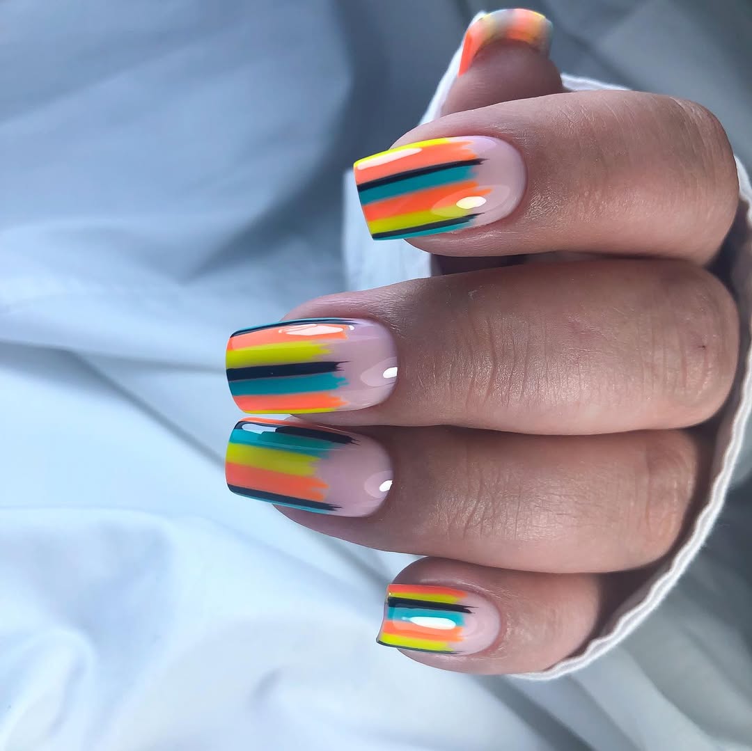 Vibrant Rainbow Stripe Abstract Square Nails