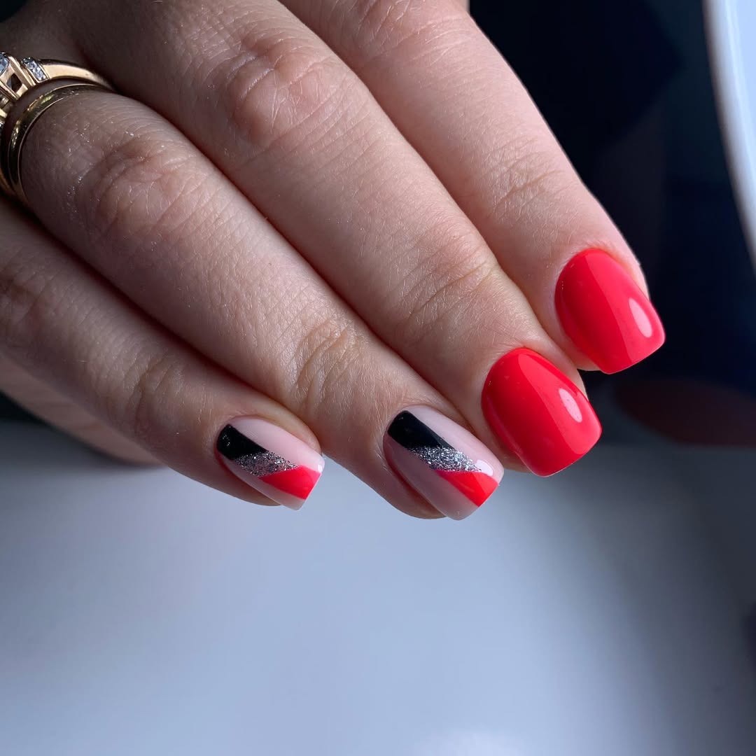 Vibrant Red and Geometric Abstract Short Squoval Nails