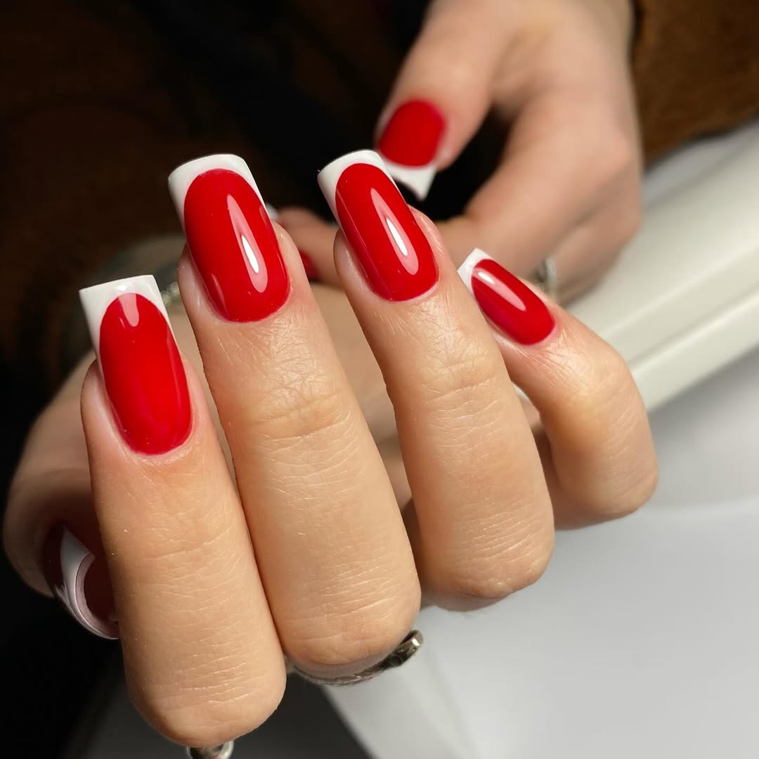 Vibrant Red French Tips With White Outline