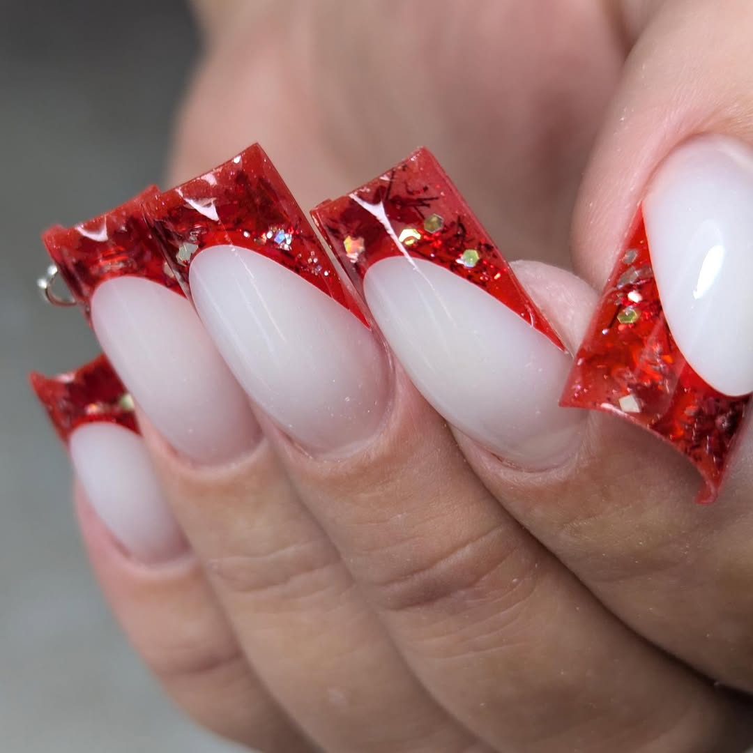 Vibrant Red Glitter French Tip Coffin Nails
