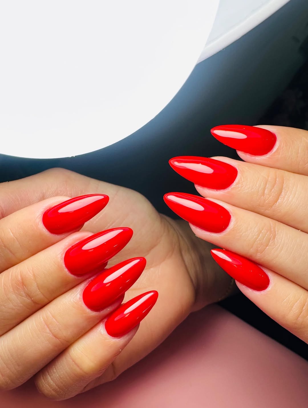 Vibrant Red High Gloss Almond Nails