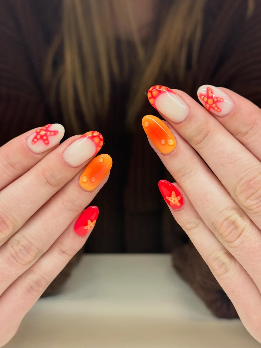 Vibrant Red Orange Jelly Fish Starfish Nails