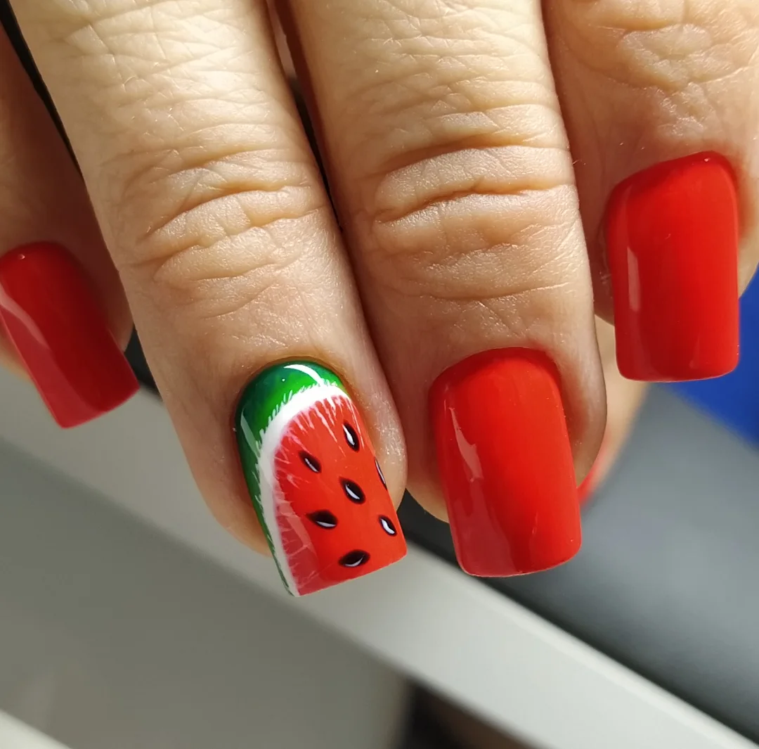 Vibrant Red Watermelon Accent Short Square Nails