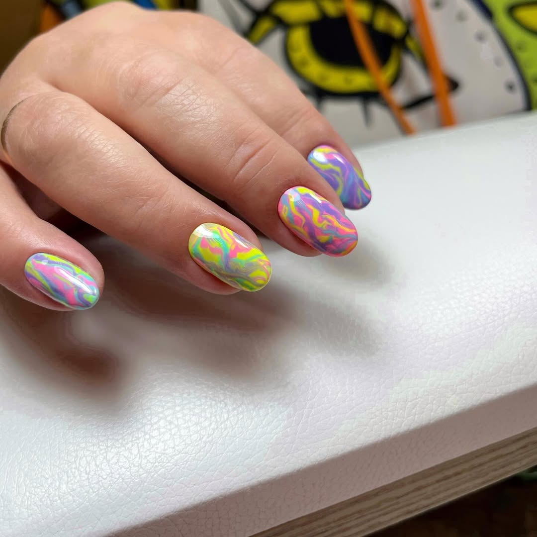 Vibrant Swirl Neons Glossy Short Oval Nails