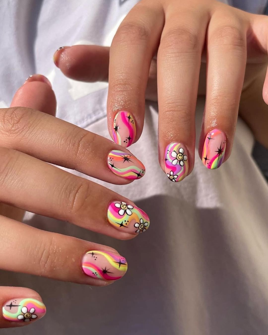 Vibrant Swirl Smiley Flower Nails