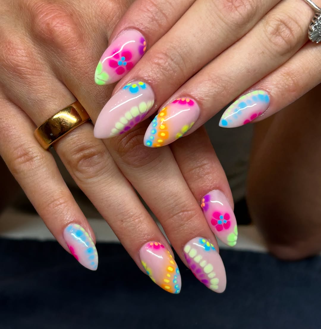 Vibrant Tie-Dye Watercolor Almond Nails