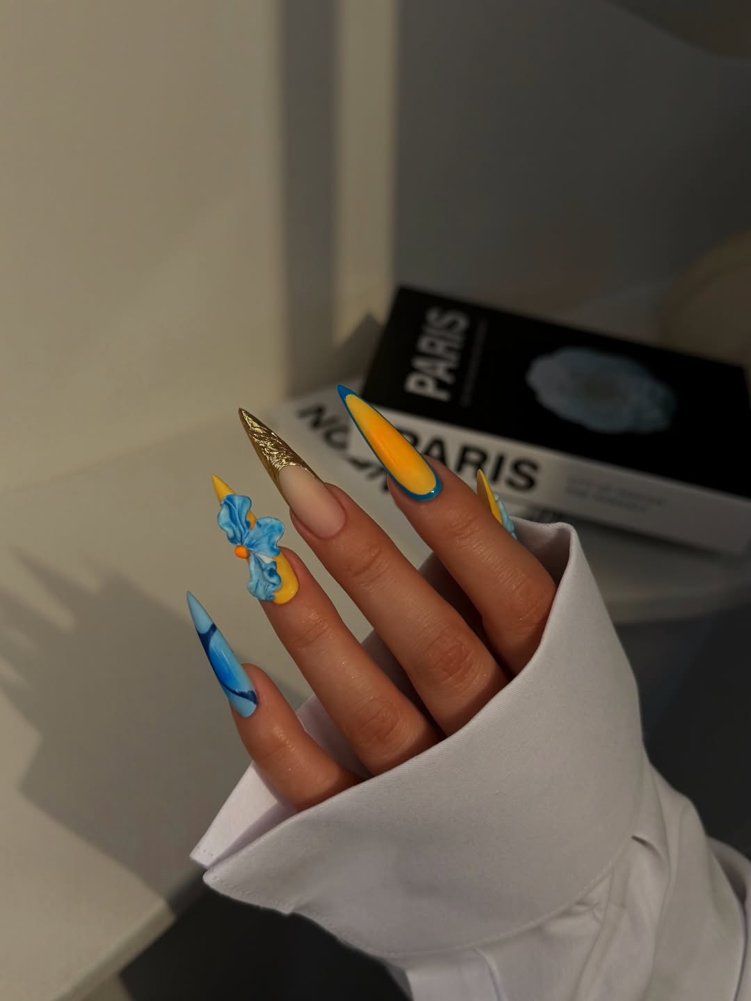 Vibrant Yellow Blue 3D Flower Stiletto Nails
