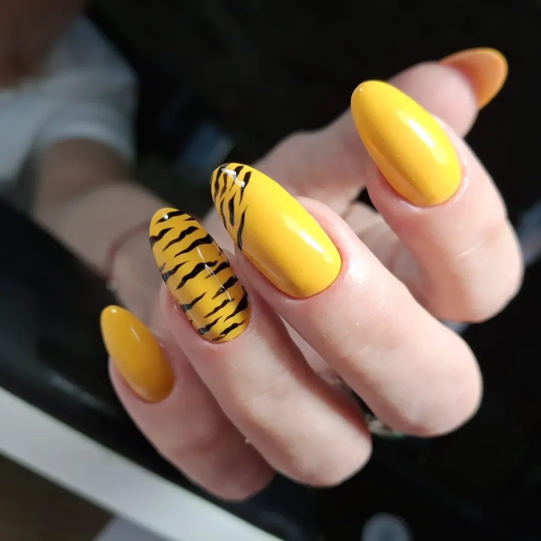 Vibrant Yellow Glossy Almond Tiger Stripe Accents