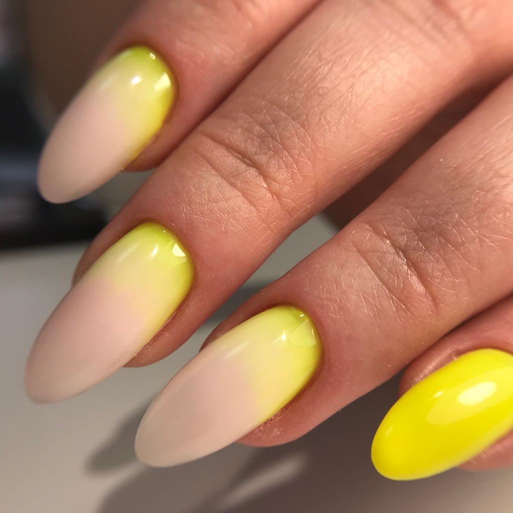 Vibrant Yellow Ombre Almond Nails