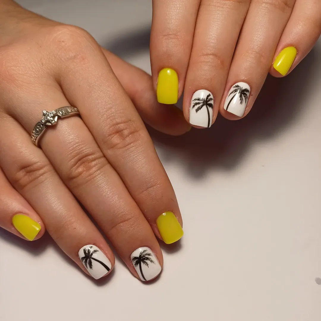 Vibrant Yellow With Tropical Palm Tree Nail Art