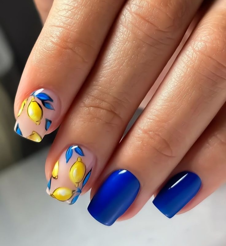 Vivid Blue Matte Lemon Blossom Summer Nails