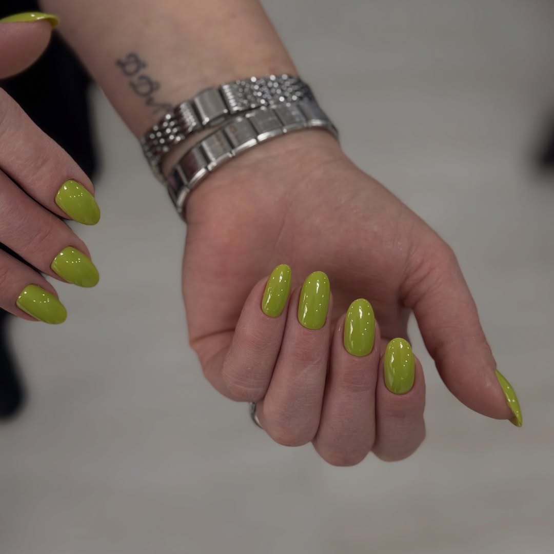 Vivid Chartreuse Green Glossy Oval Nails