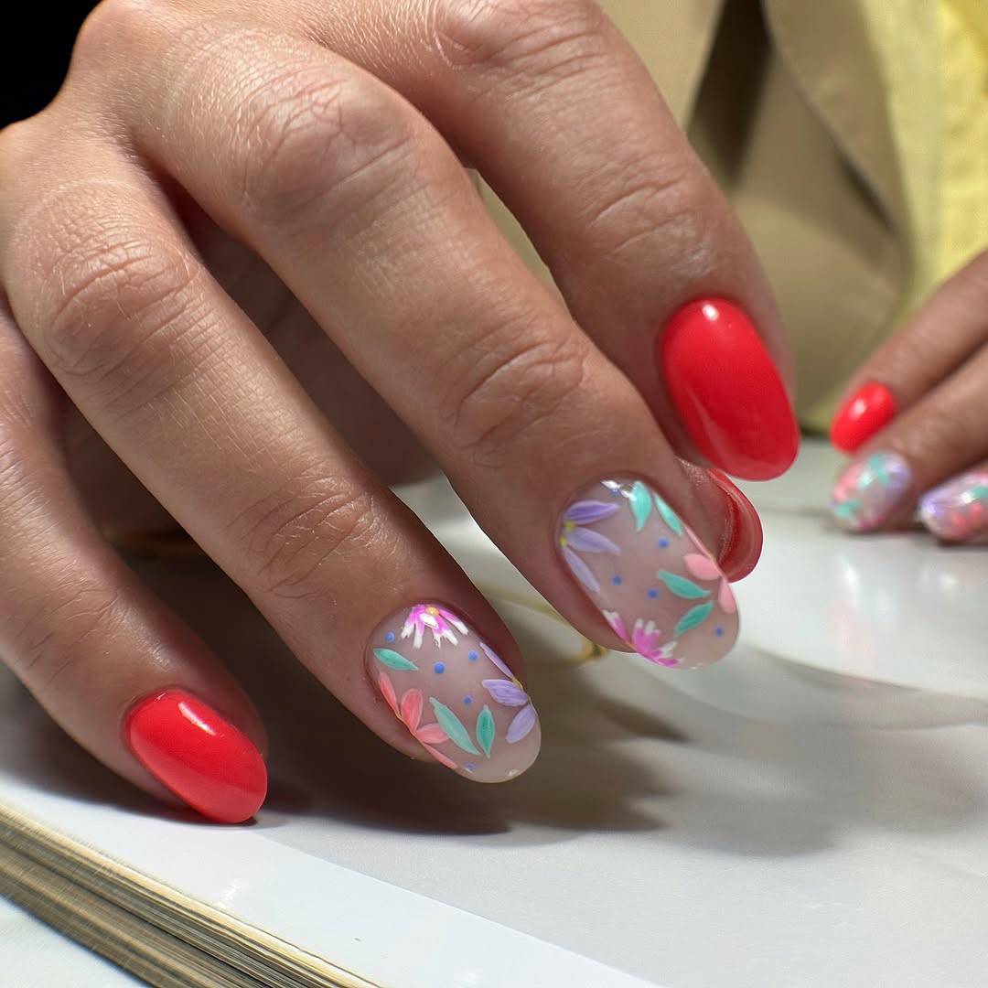 Vivid Coral and Pastel Floral Nail Art