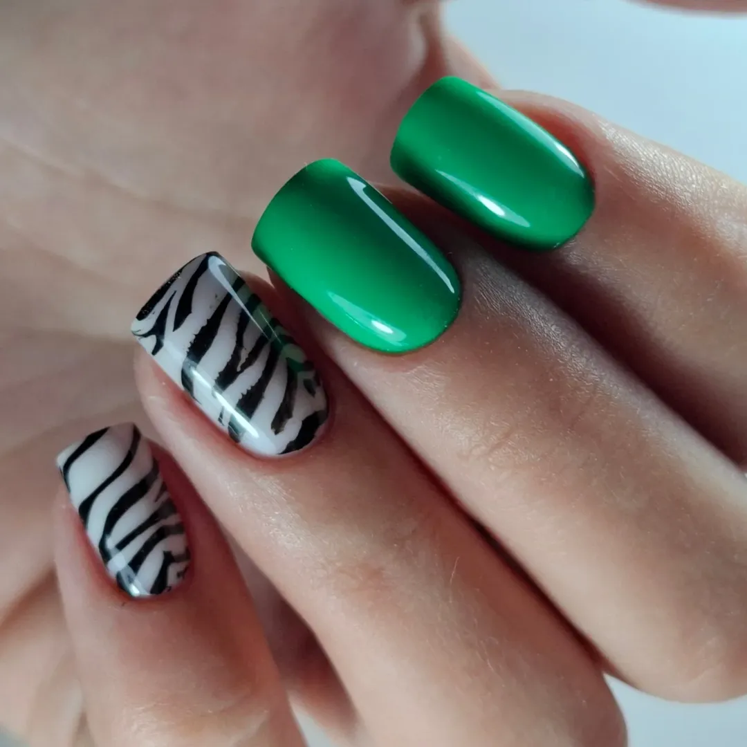 Vivid Green Zebra Print Short Squoval Nails