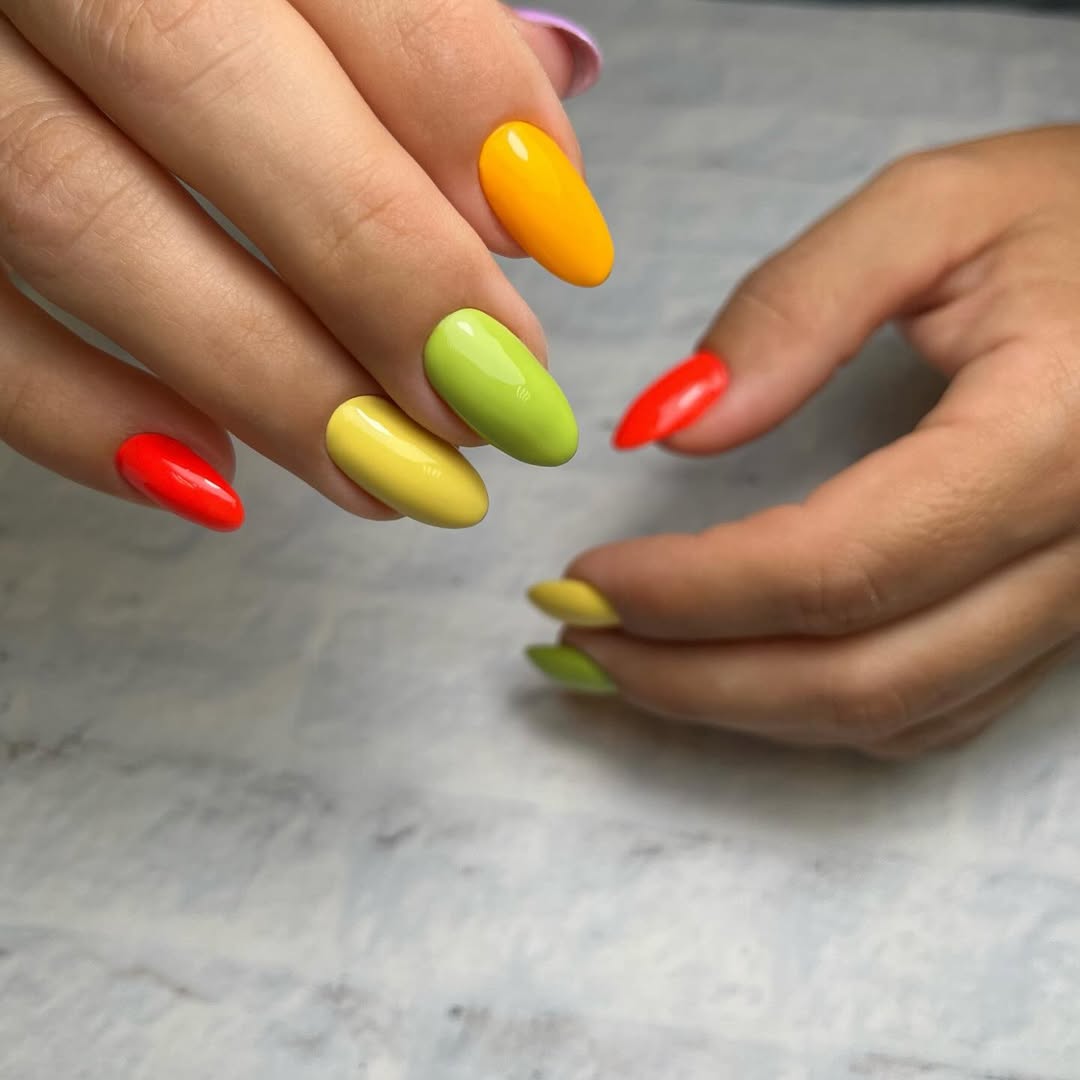 Vivid Summer Skittles Glossy Oval Nails