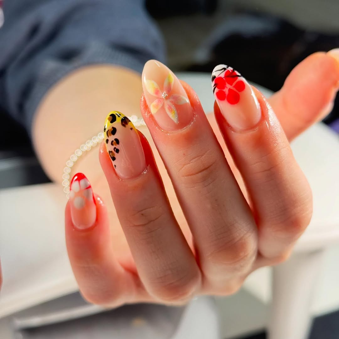 Whimsical Almond Floral and Leopard Print Nails