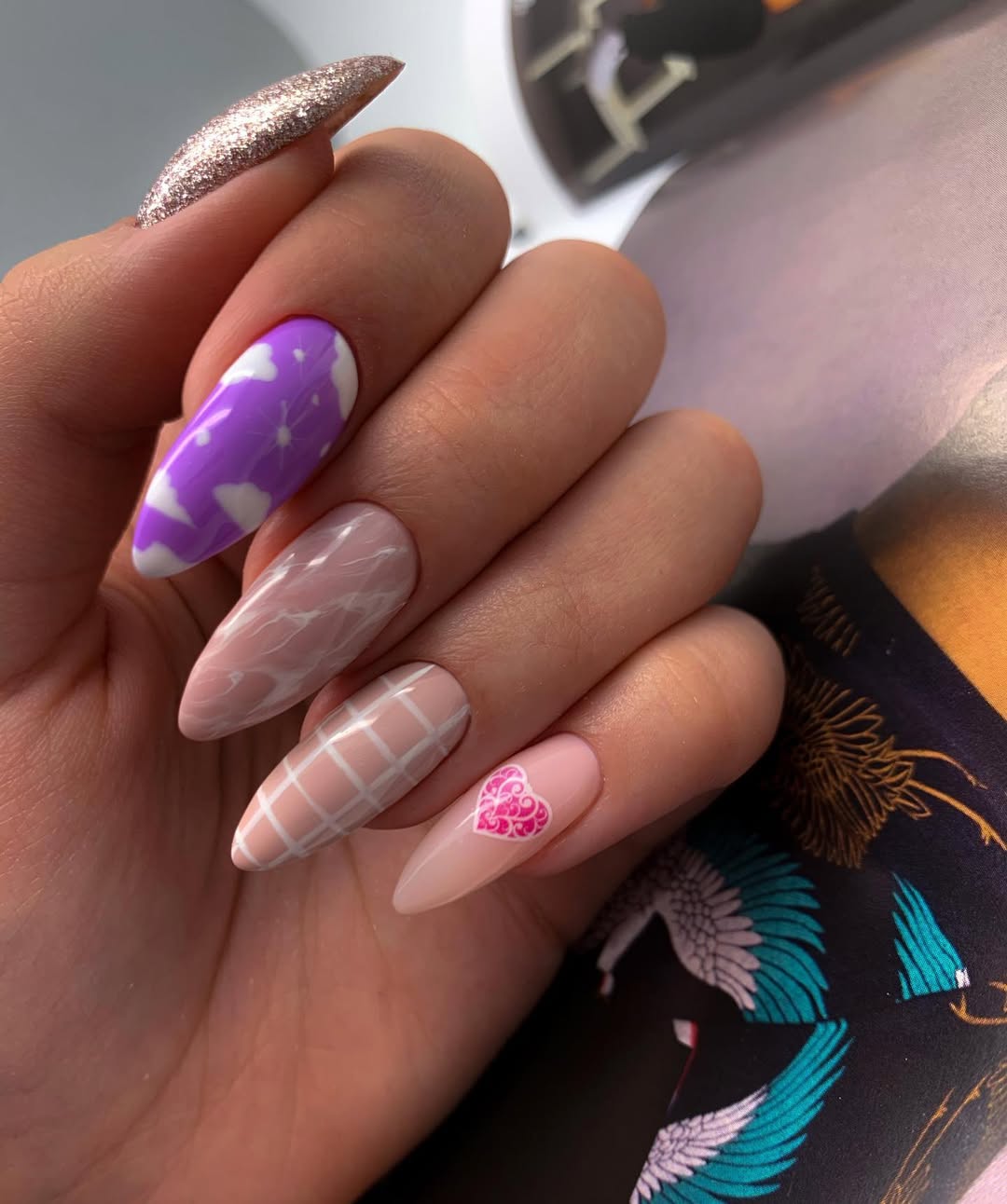 Whimsical Almond Mismatched Glitter and Patterned Nails