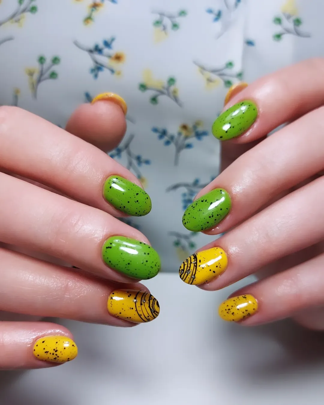 Whimsical Green and Yellow Speckled Swirl Oval Nails