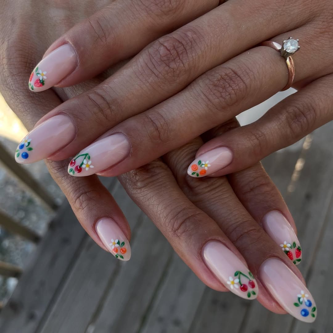 Whimsical Hand-Painted Fruit French Tips