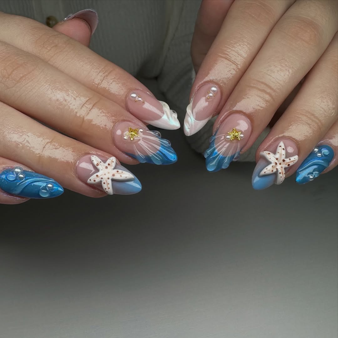 Whimsical Ocean 3D Charm Stiletto Nails