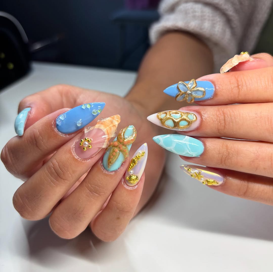 Whimsical Ocean Teal Almond 3D Nail Art