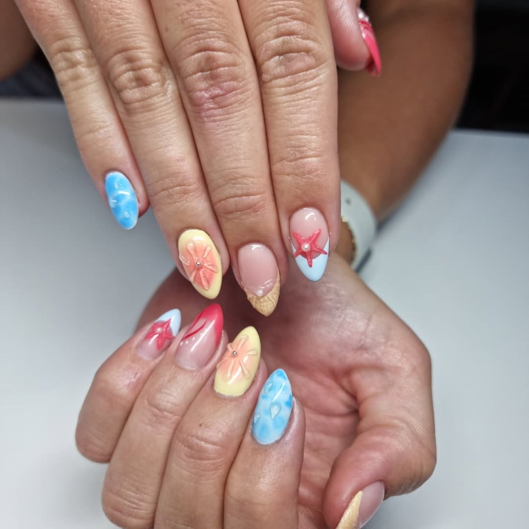 Whimsical Ocean Theme Mismatched 3D Nautical Nails