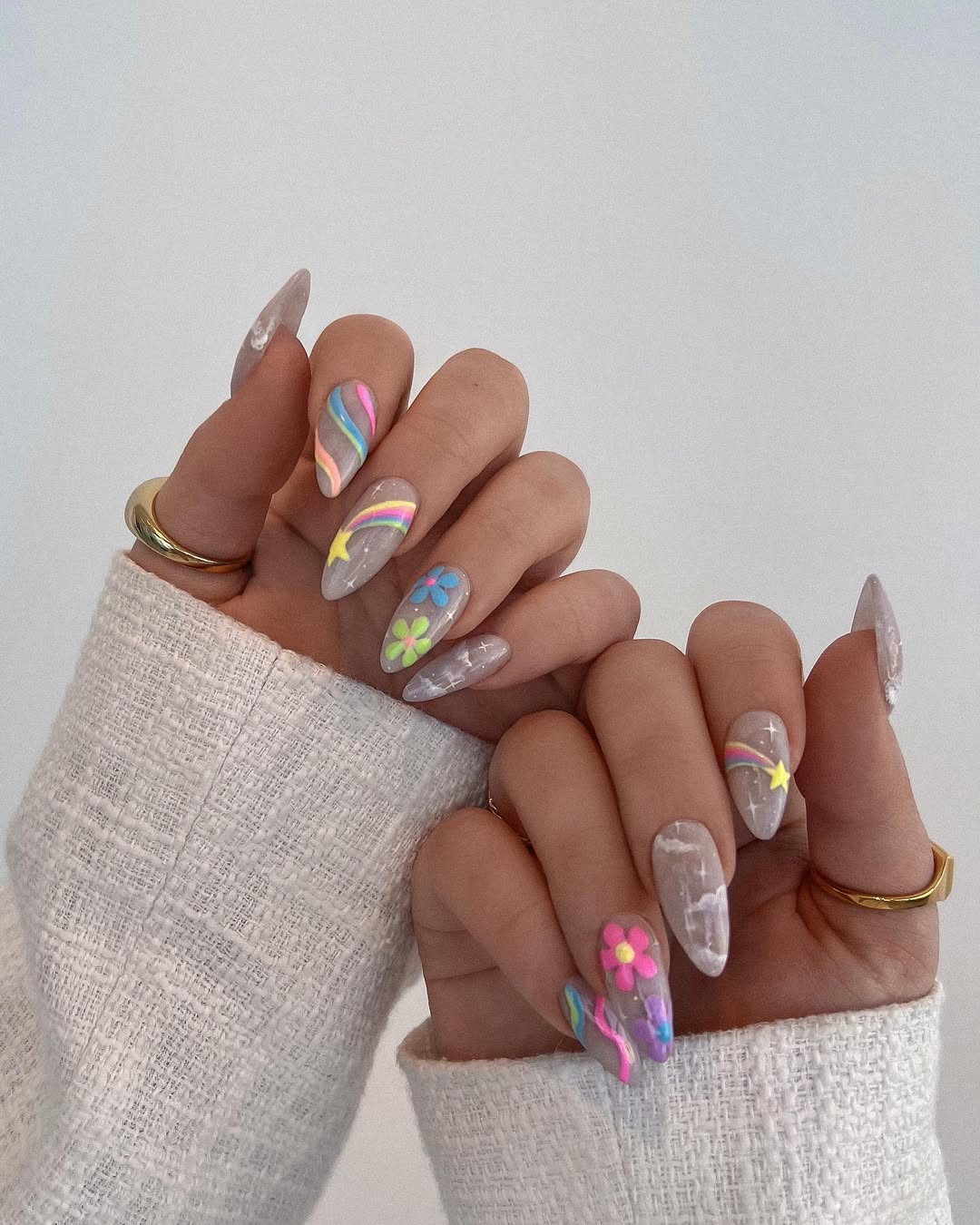 Whimsical Pastel Clouds And Rainbows Long Almond Nails