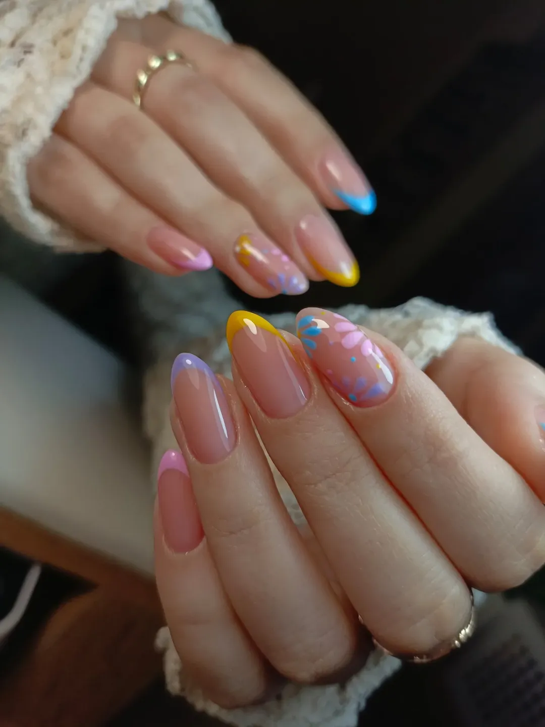 Whimsical Pastel French Tips With Floral Accents