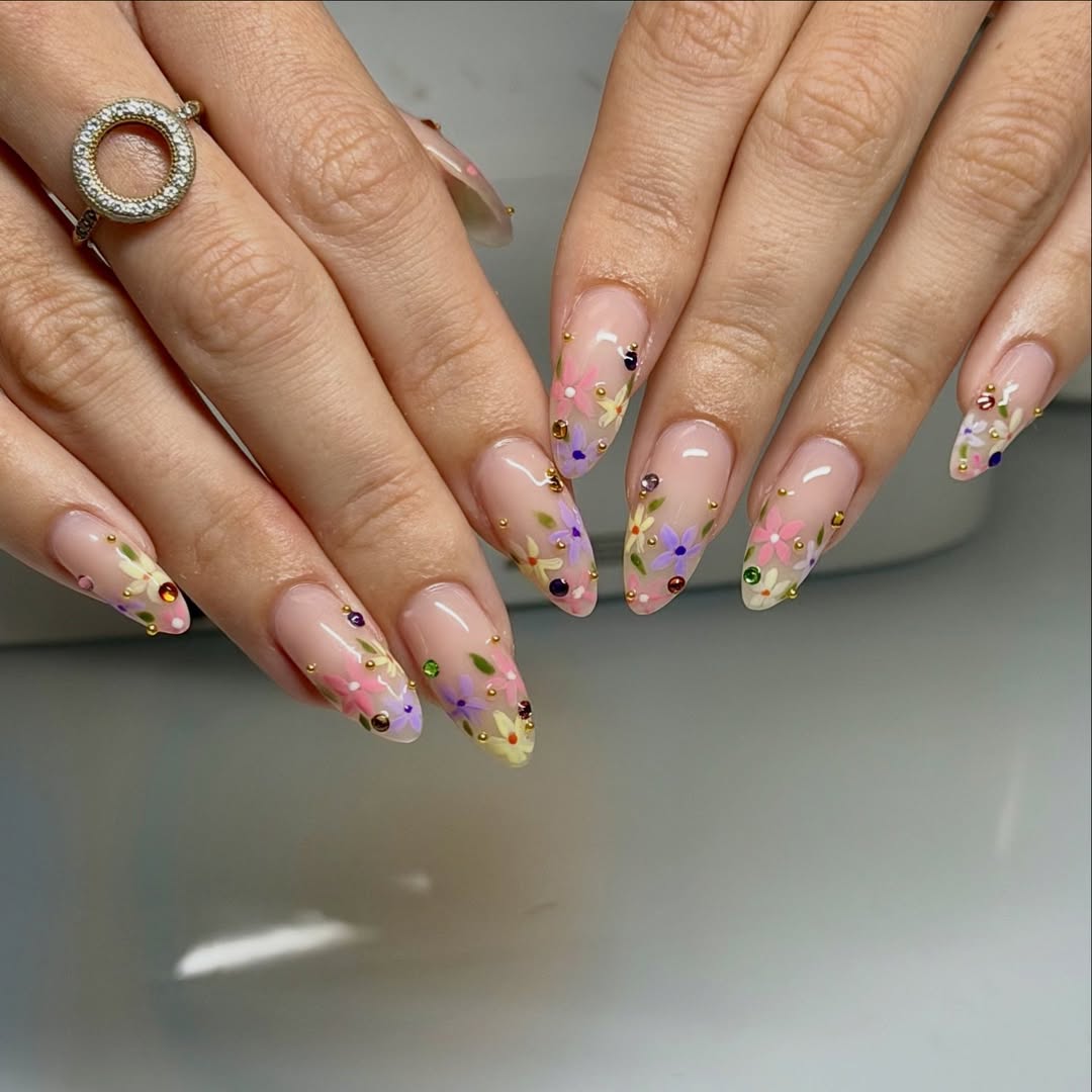 Whimsical Pastel Micro-Floral Rhinestone Almond Nails